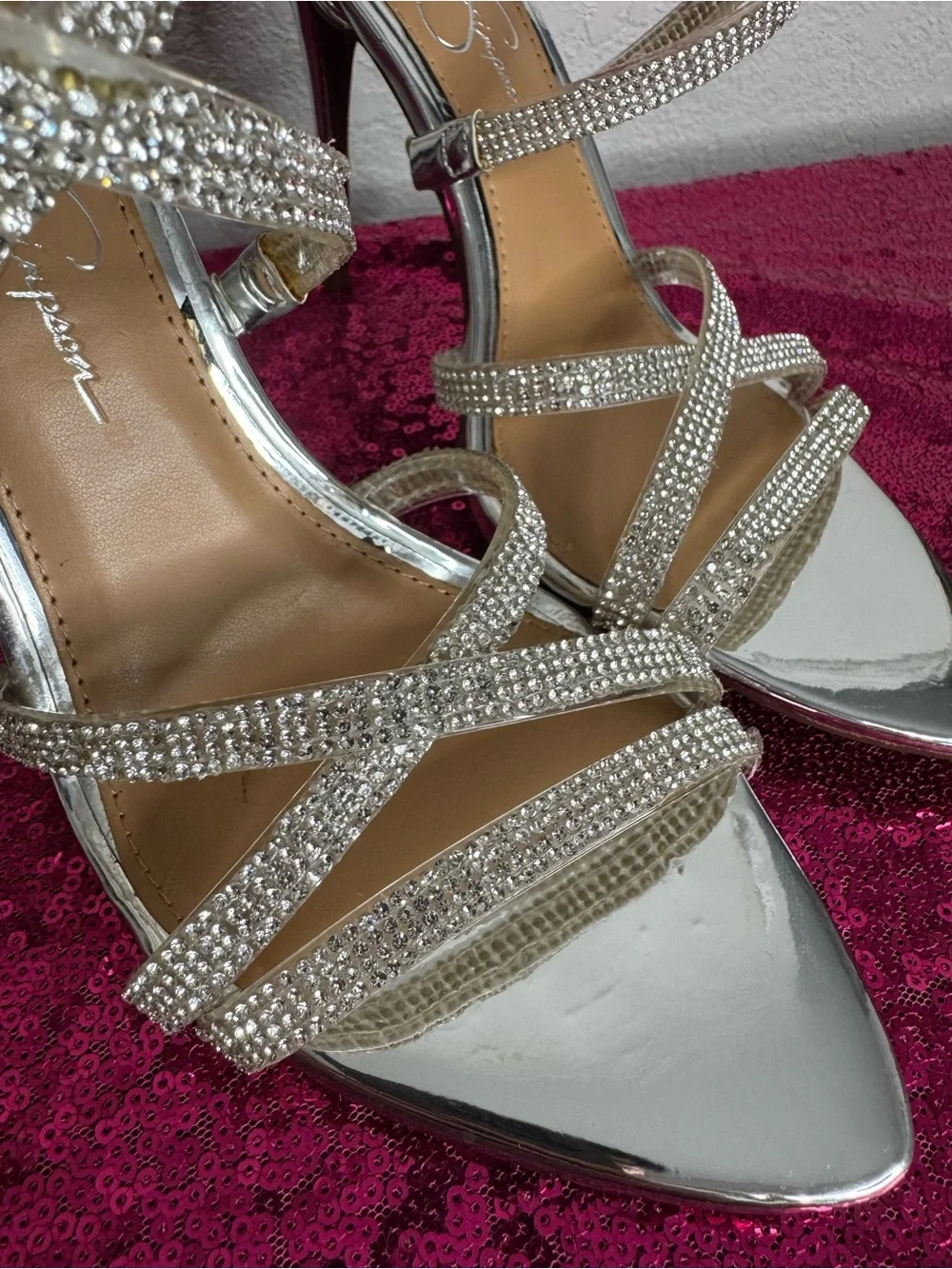 JESSICA SIMPSON 💎 Silver Rhinestone Strappy Stiletto Heels (Women’s Size 9)
